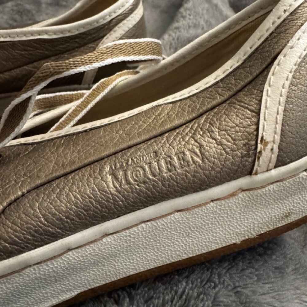 Authentic Alexander McQueen Puma Sneakers Antique Gold Metallic w/ Charm, COA - Picture 4 of 16